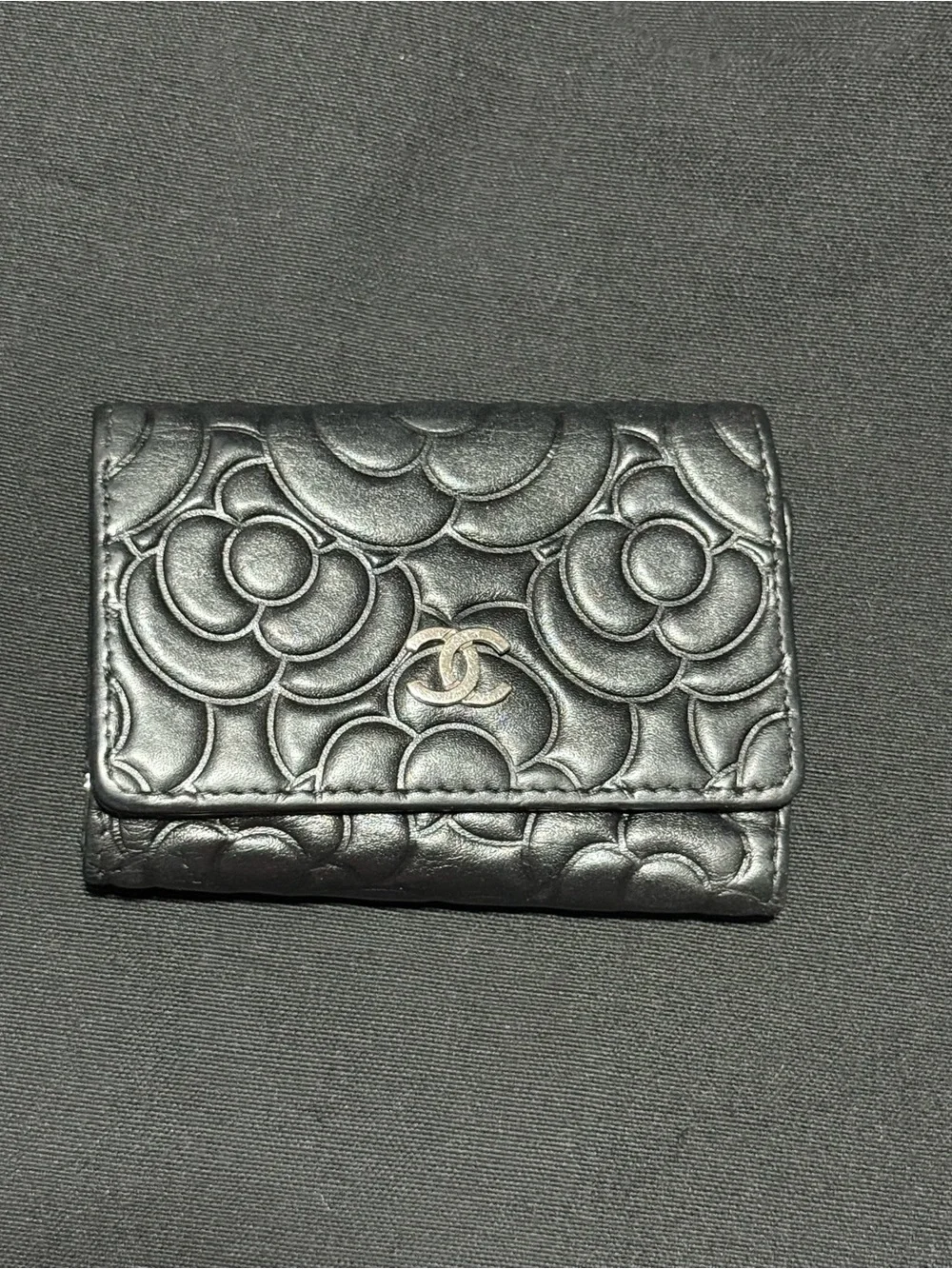 CHANEL Black Camellia-Embossed Leather Small Wallet